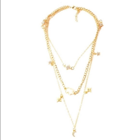 🐘 Awesome Boho Triple Layered Star Crescent Moon Elephant Necklace ⭐️ - Picture 2 of 2